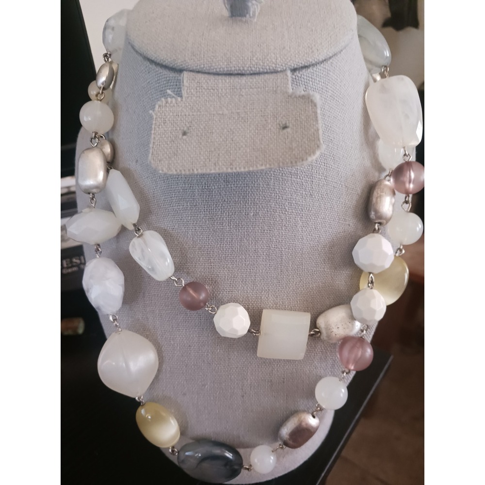 NY New York & Company Double Strand Beaded Statement Necklace Silver Tone Mauve